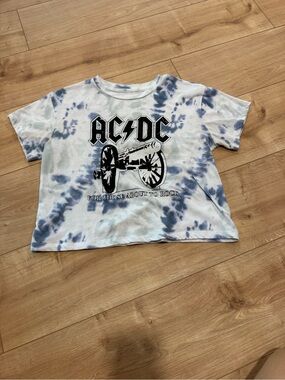 AC/DC Blue and White Tie-Dye Crop Tee with Cannon Graphic